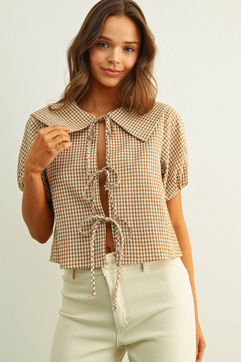 Gingham Short Sleeve Top - Mocha