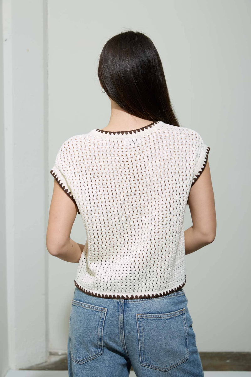 Short Sleeve Crochet Cardigan Top - Cream