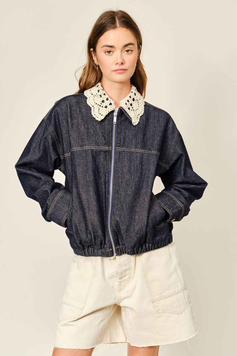 Crochet Collar Denim Jacket - Black Demin
