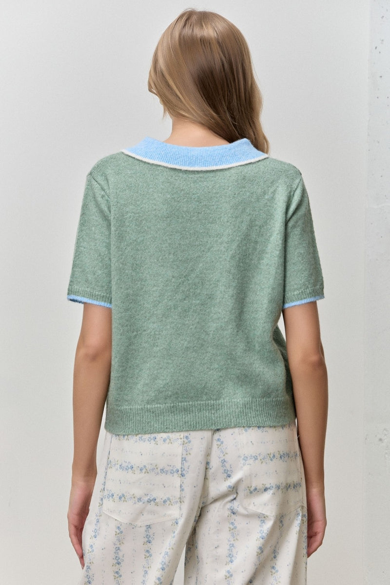 Contrast Collar Knit Top - Sage (Curvy)
