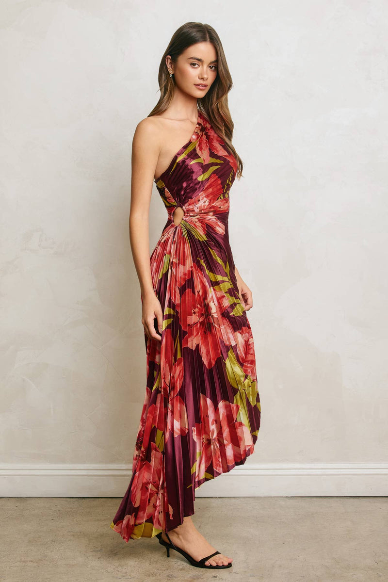 Floral One-Shoulder Asymmetrical Pleated Dress - Hibiscus Plum