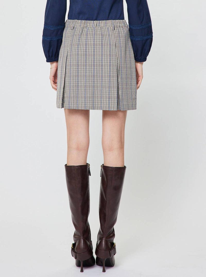 Plaid A-Line Mini Skirt - Navy & Taupe