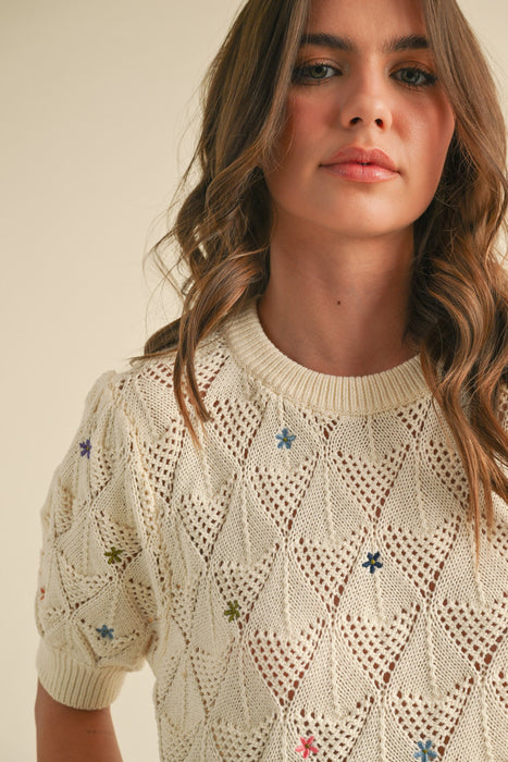 Pointelle Knit Sweater with Floral - Cream