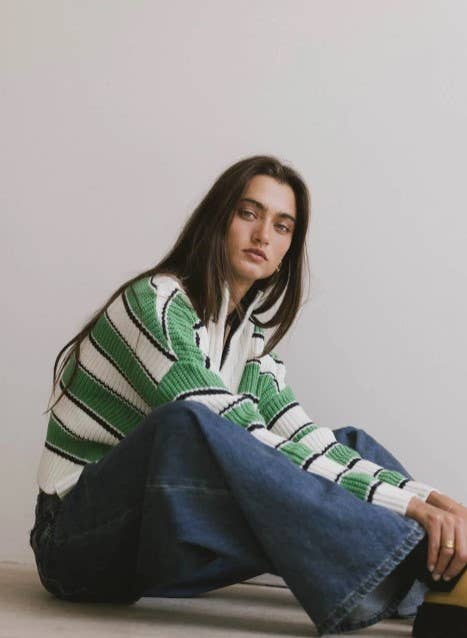 Half-Zip Striped Sweater - Green