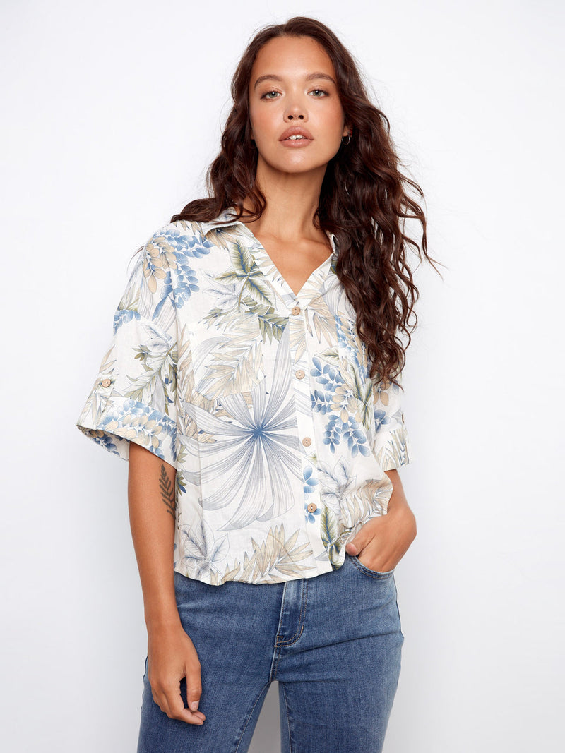 Charlie B • Printed Button-Front Linen Blouse W/ Patch Pockets - Hawaii