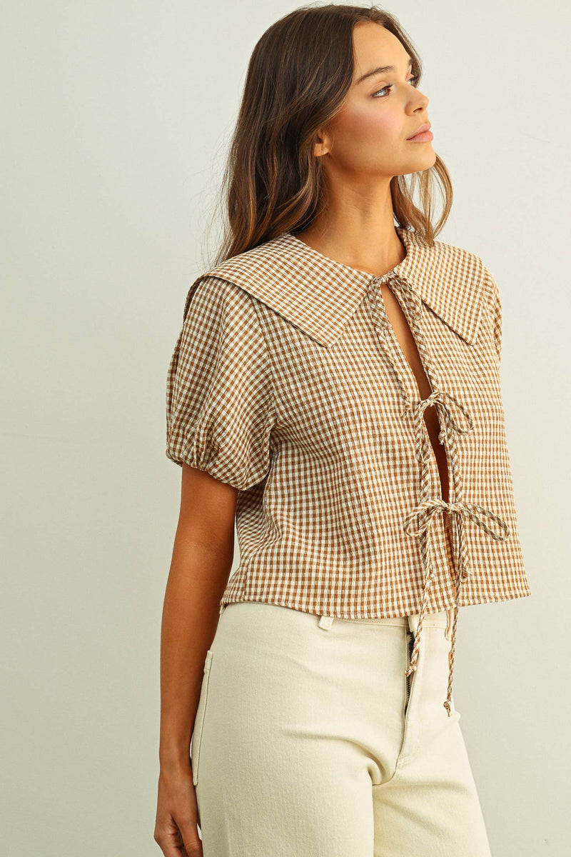 Gingham Short Sleeve Top - Mocha