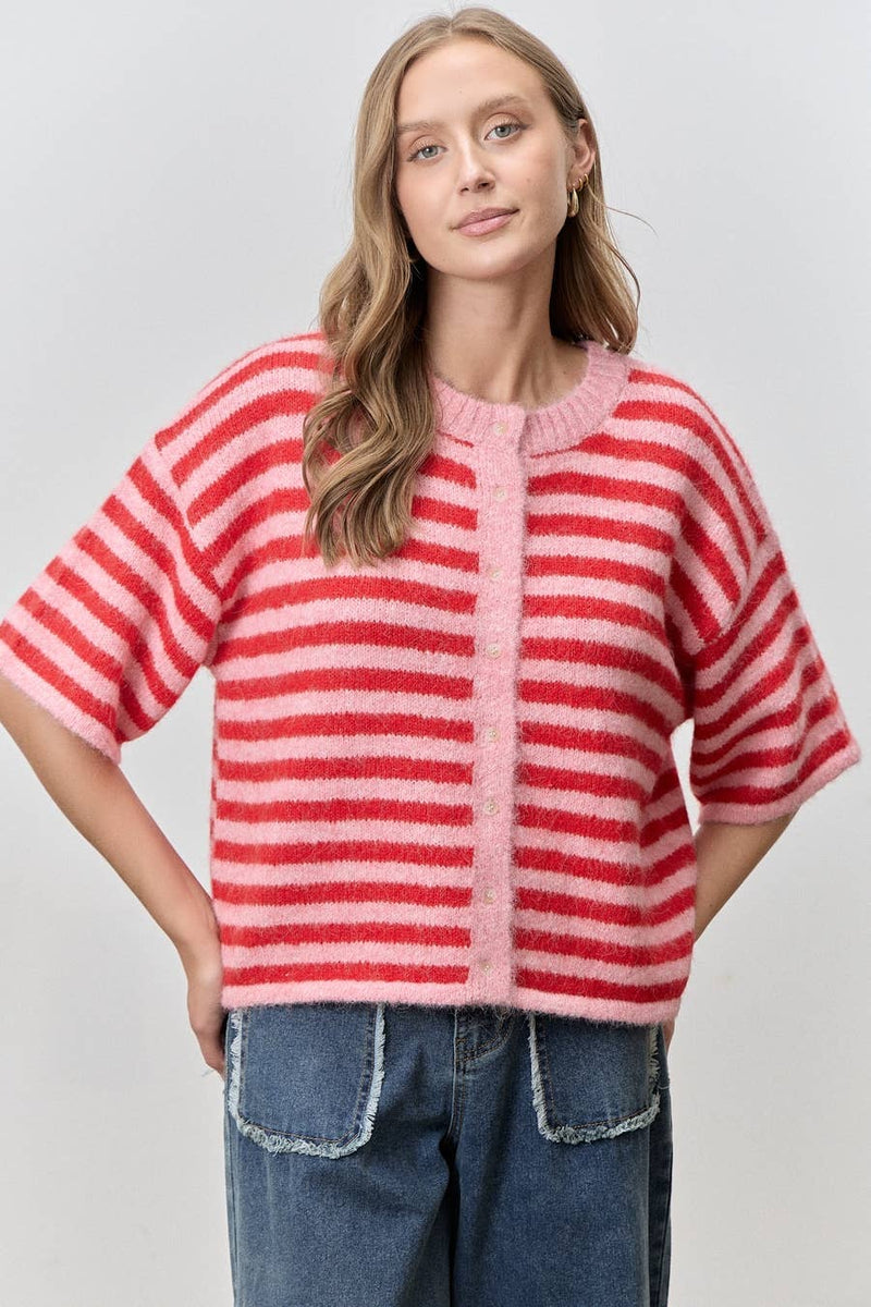 Stripe Cardigan - Light Pink & Red