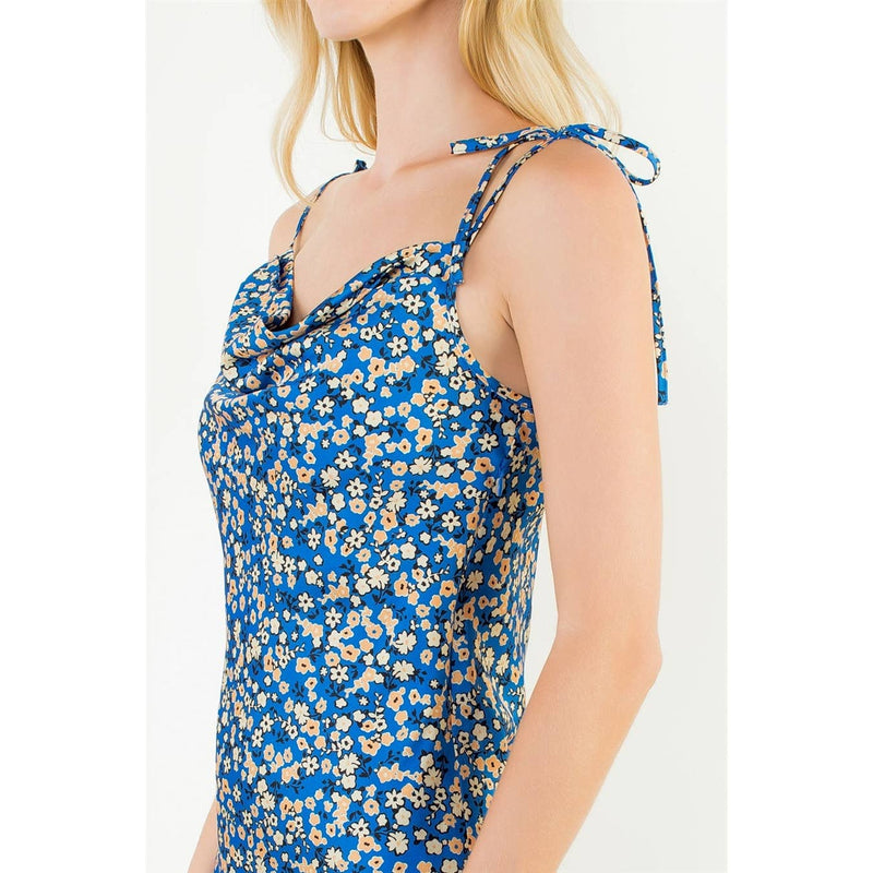 Tie Strap Floral Satin Dress - Blue