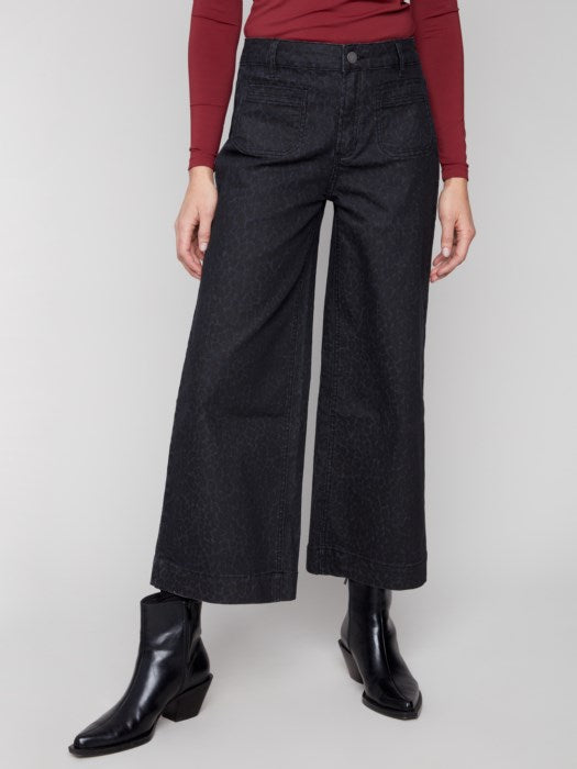 Cropped Patch Pockets Flare Jacquard Pants - Leopard & Black