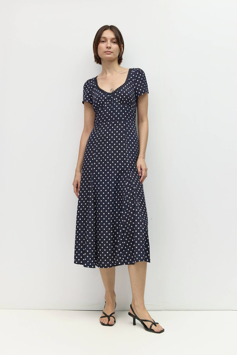 The Mattie Dress | Polka Dot Square Neck Midi Dress - Navy & White