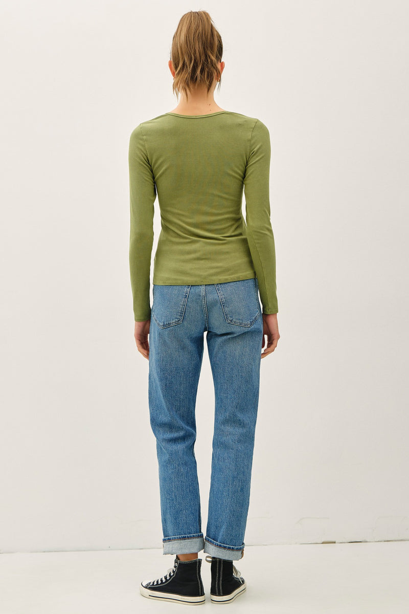 Ribbed Notched Neck Top - Olive