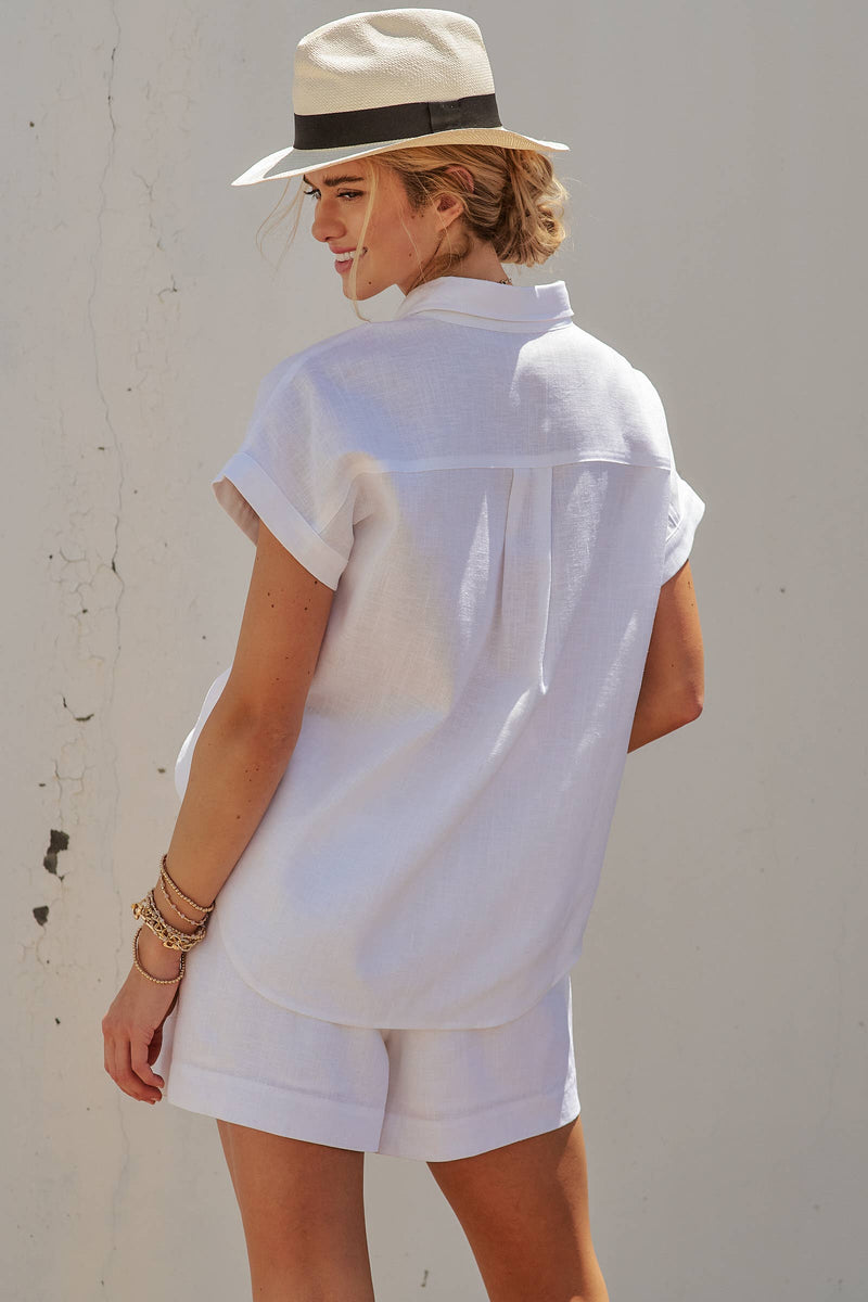 Linen Short Sleeve Button-Down Shirt - White