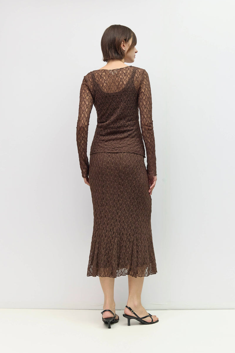 The Jaylin Skirt | Lace Flare Midi Skirt - Brown