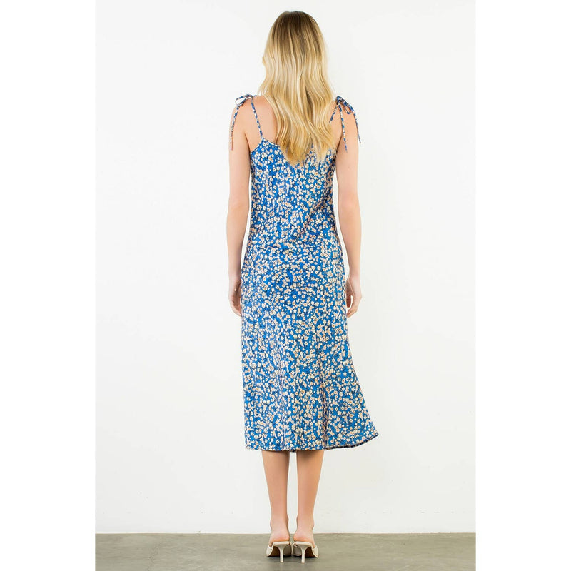 Tie Strap Floral Satin Dress - Blue