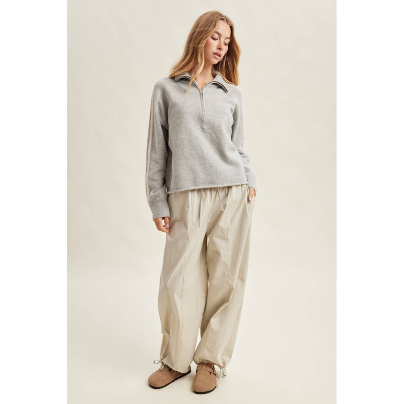 Varisty Half Zip Striped Sweater - Heather Grey & Cream