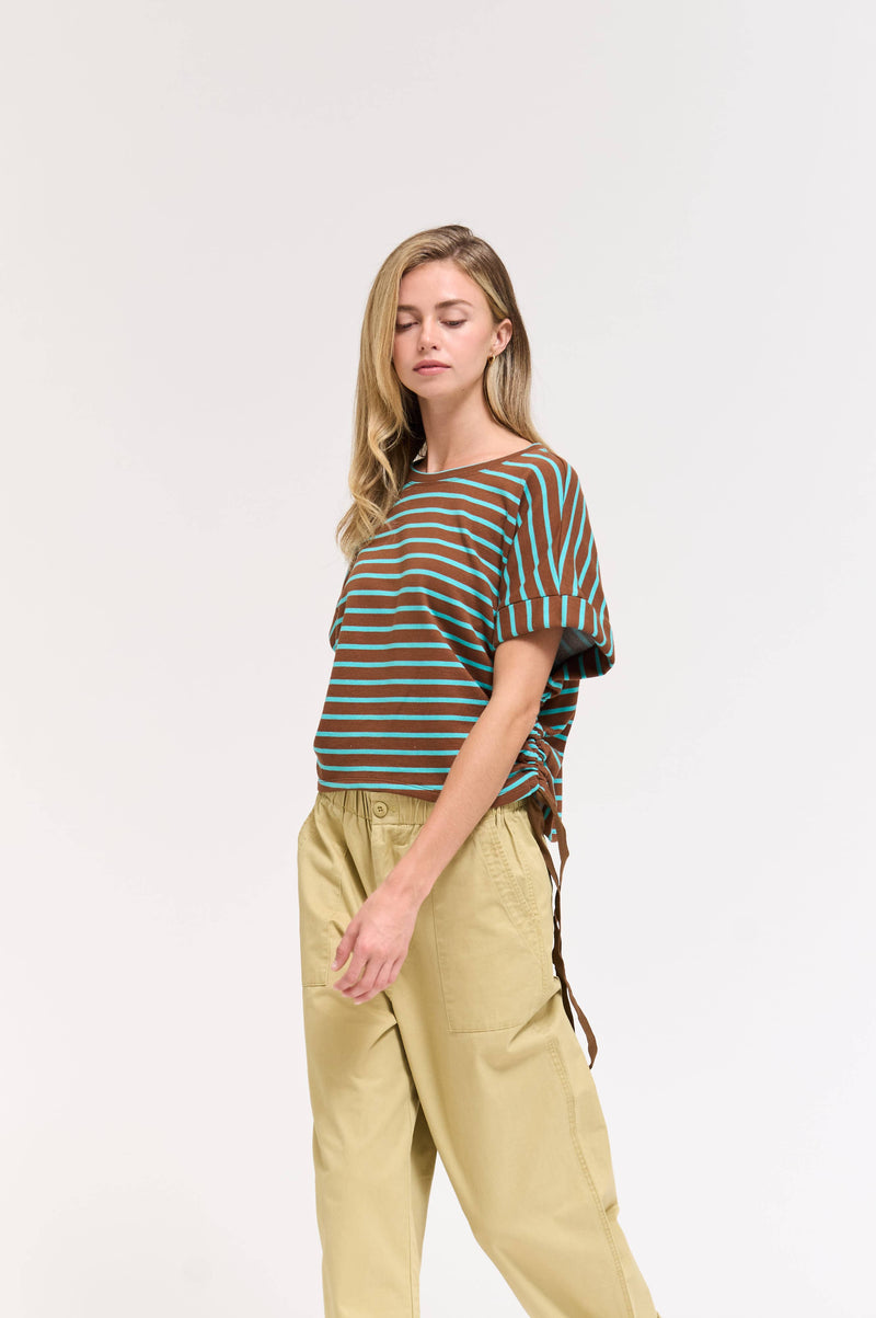 Stripe Drawstring Tee - Chocolate