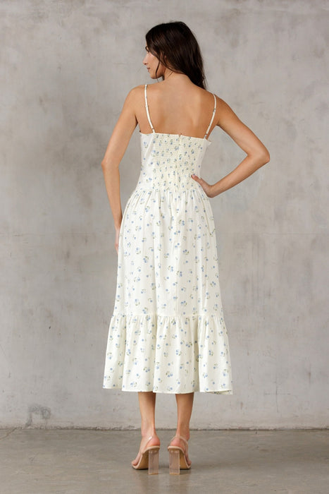 Blue Dot Flower Dress - Cream & Blue