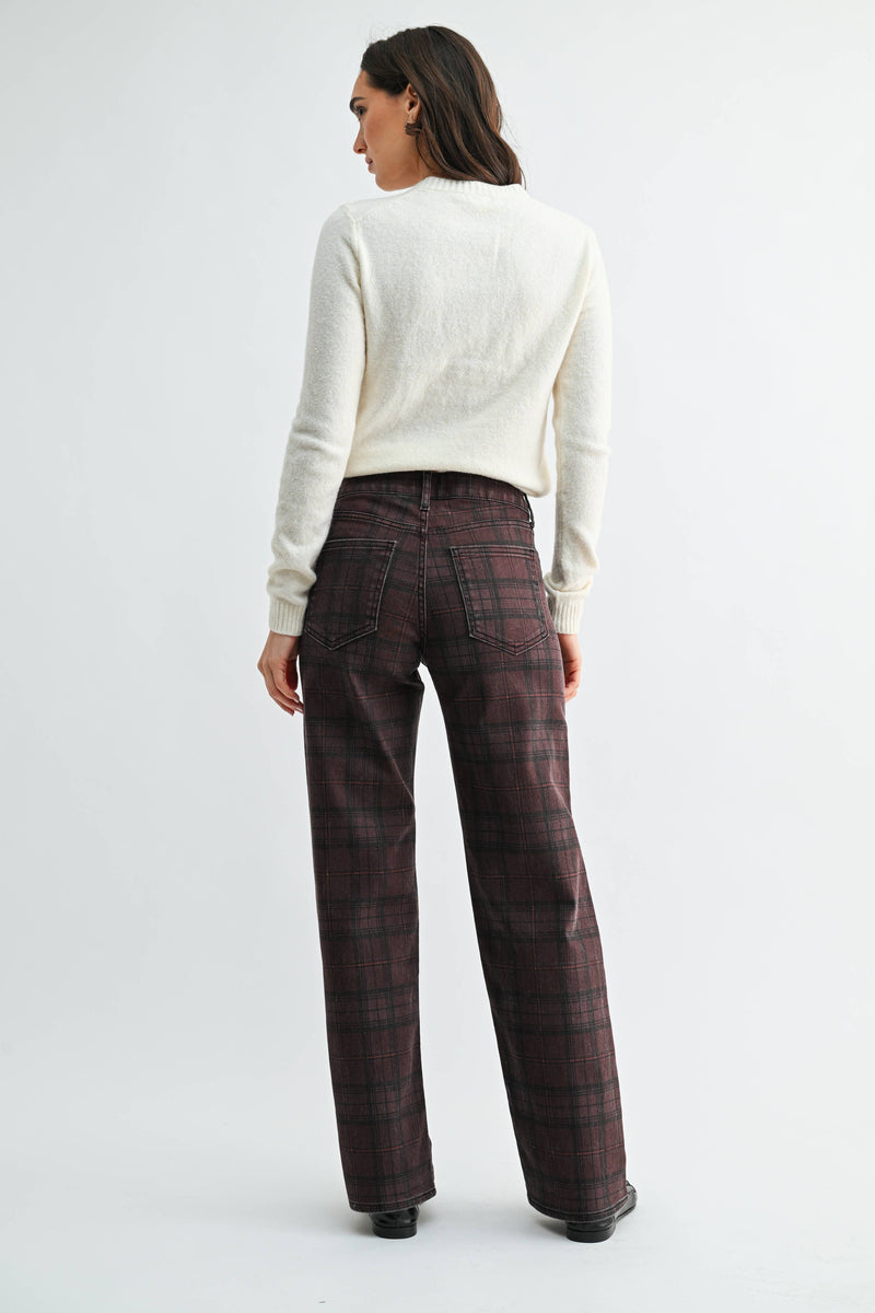 Just Black Denim • High Rise Full Length Straight Jeans - Dark Burgundy Plaid