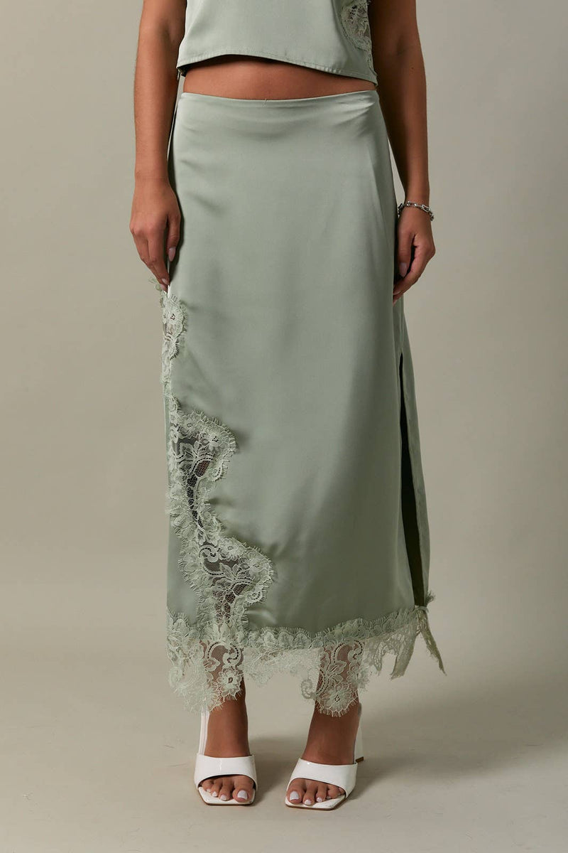 Lace Trim Satin Midi Skirt - Sage