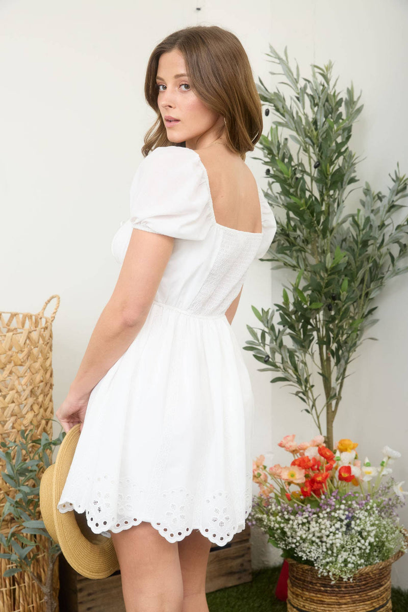 Embroidered Puff Sleeve Scallop Hem Mini Dress - White