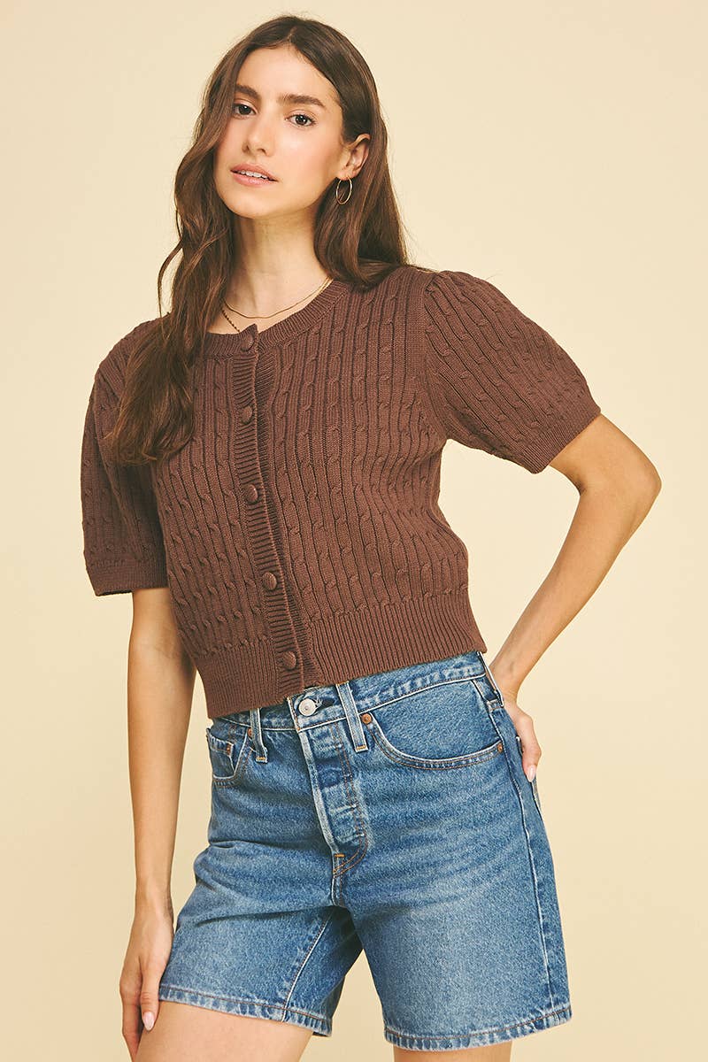 Cable Knit Short Sleeve Sweater - Espresso
