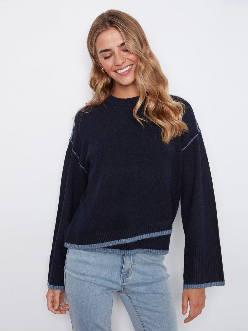 Charlie B • Crew Neck Sweater W/ Hem Detail - Navy