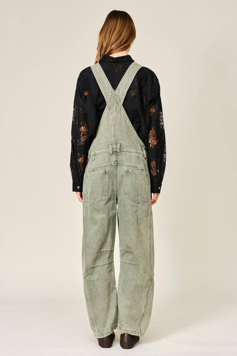 Relaxed Fit Barrel Denim Overalls - Olive
