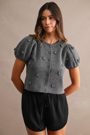 3D Floral Knit Top - Charcoal