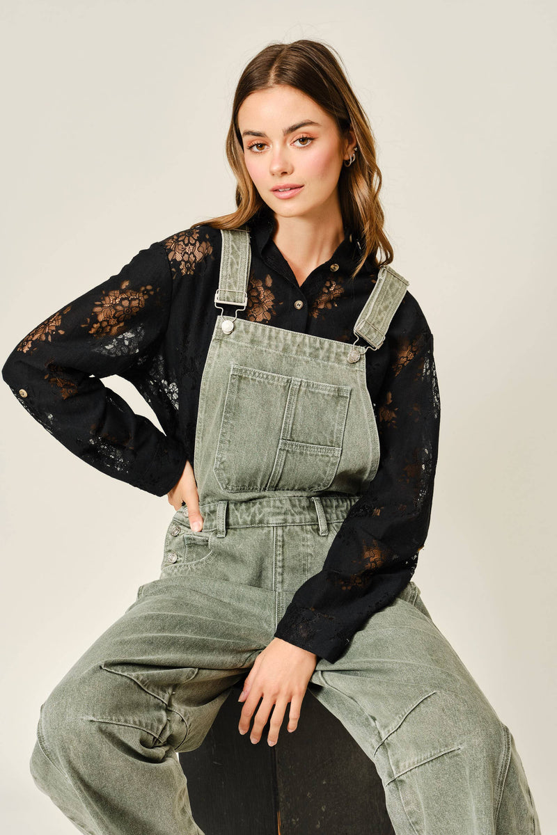 Relaxed Fit Barrel Denim Overalls - Olive