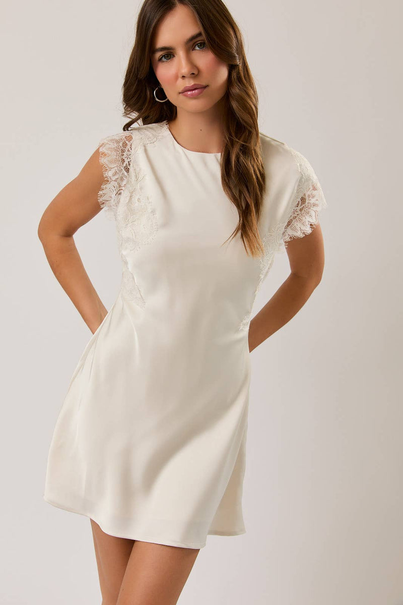 Sleeveless Satin & Lace Trim Dress - Cream