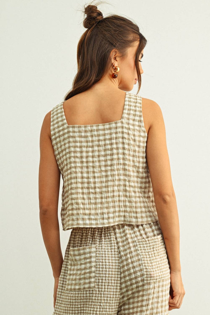 Gingham Square Neck Top - Tan & Cream