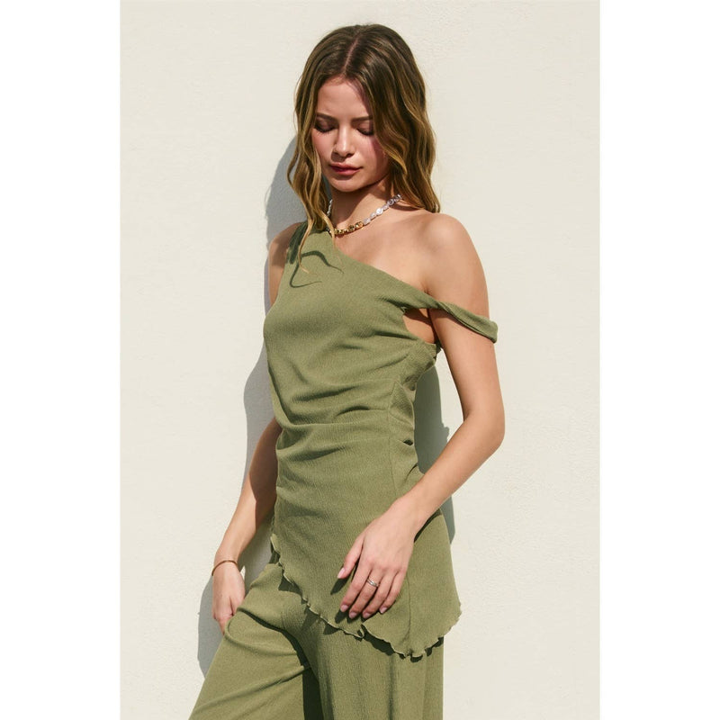 Soft Stretch One Shoulder Asymmetrical Tank - Sage
