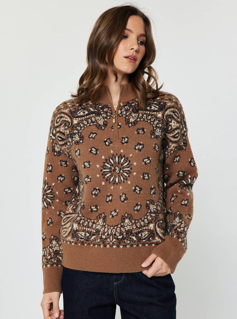 Paisley Quarter Zip-Up Sweater - Carmel