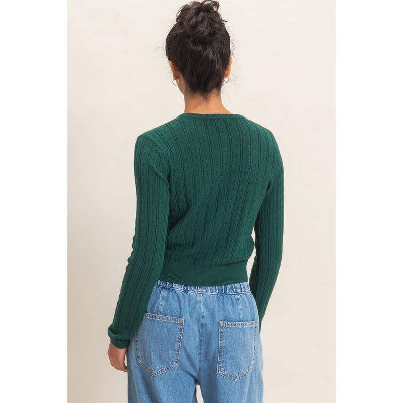 Pointelle Button Up Cardigan - Dark Green