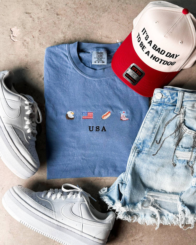 Patriotic Icons Embroidery Graphic Tee - Blue