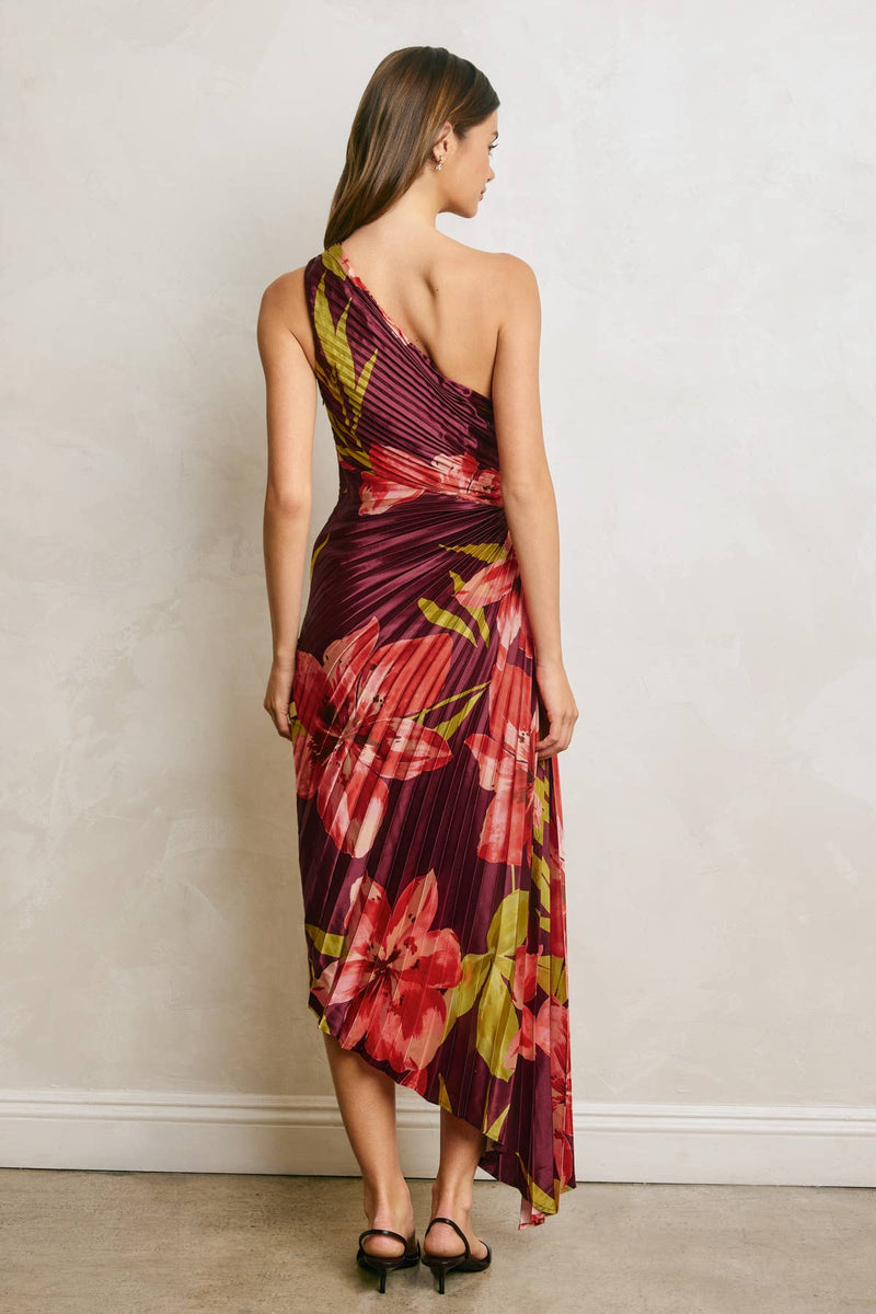 Floral One-Shoulder Asymmetrical Pleated Dress - Hibiscus Plum