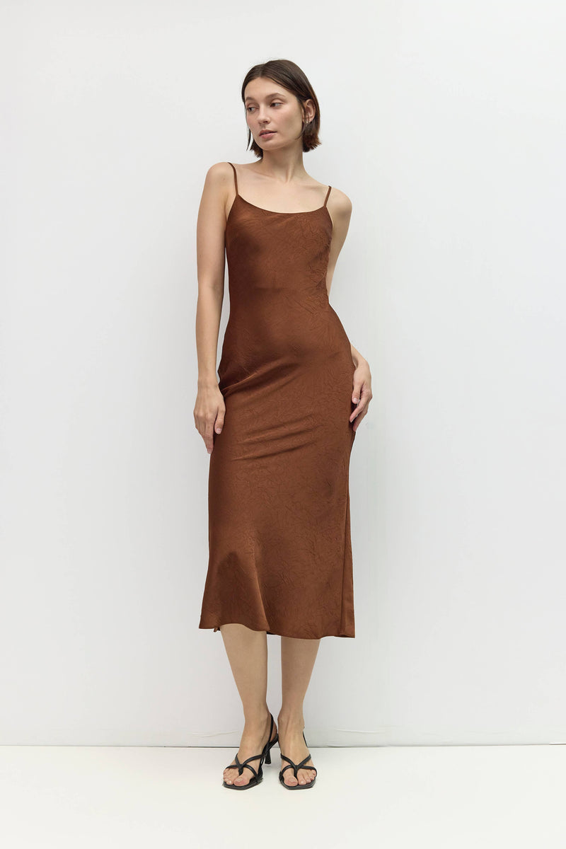 The Jasmine Dress | Crinkle Satin Midi Dress - Brown