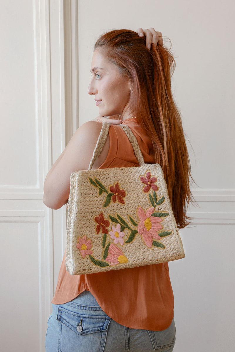 Multi Embroidered Daisies Zoe Jute Crossbody