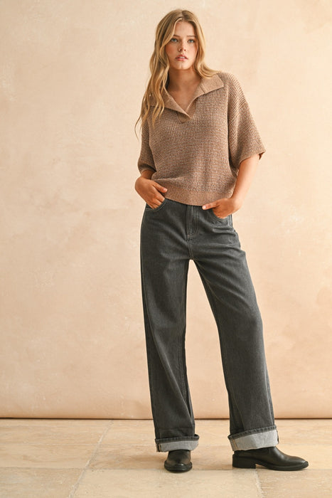 Collared Knitted Top - Mocha & Brown
