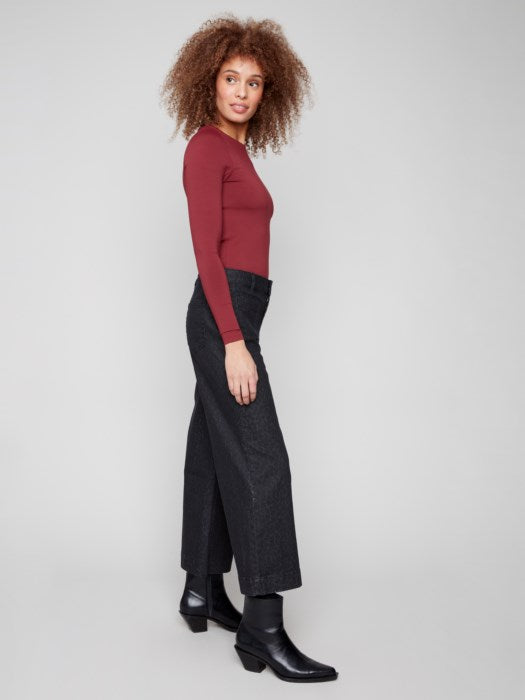 Cropped Patch Pockets Flare Jacquard Pants - Leopard & Black
