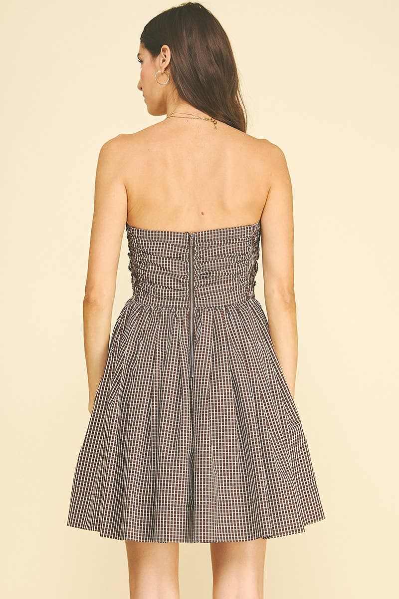 Checkered Pattern Mini Dress - Brown