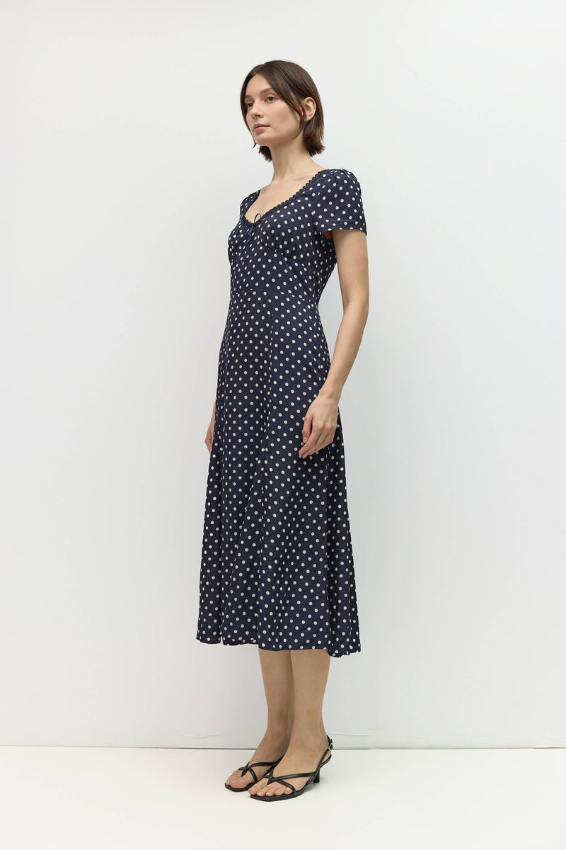 The Mattie Dress | Polka Dot Square Neck Midi Dress - Navy & White