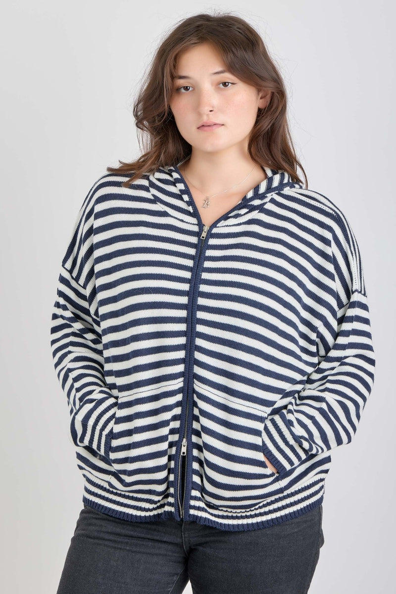 Striped Zip up Hoodie - Navy & Ivory (Curvy)