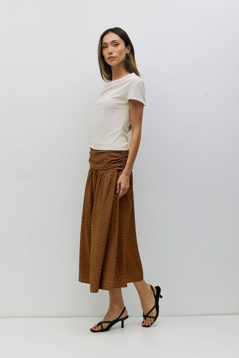 The Melinda Skirt | Ruched Polka Dot Midi Skirt - Brown