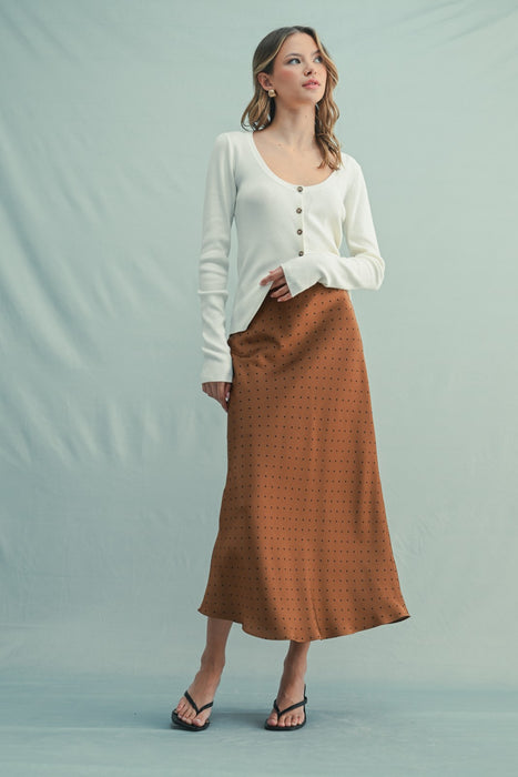 Polka Dot Satin Midi Skirt - Chocolate & Black