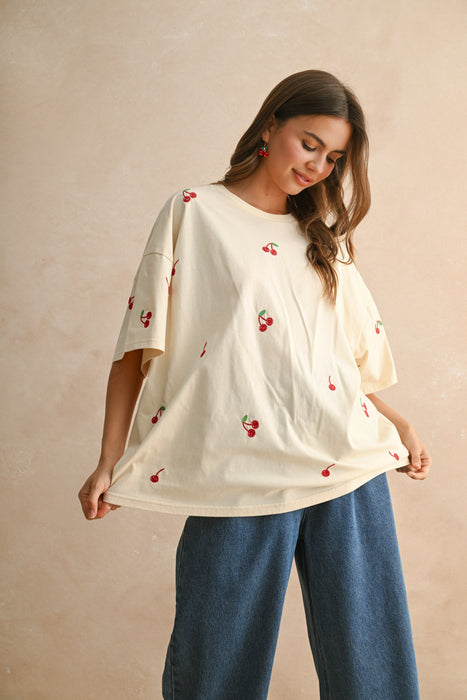 Oversized Cherry Embroidery T-Shirt - Beige