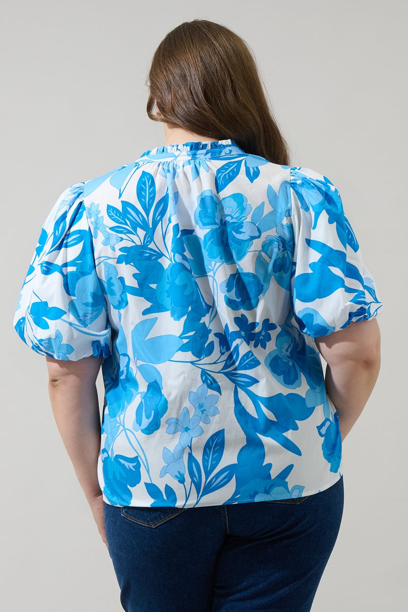 Floral Puff Sleeve Top - White & Blue