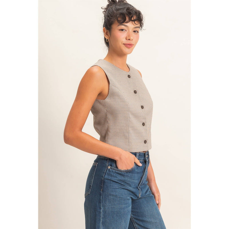 Houndstooth Buttoned Vest Top - Brown