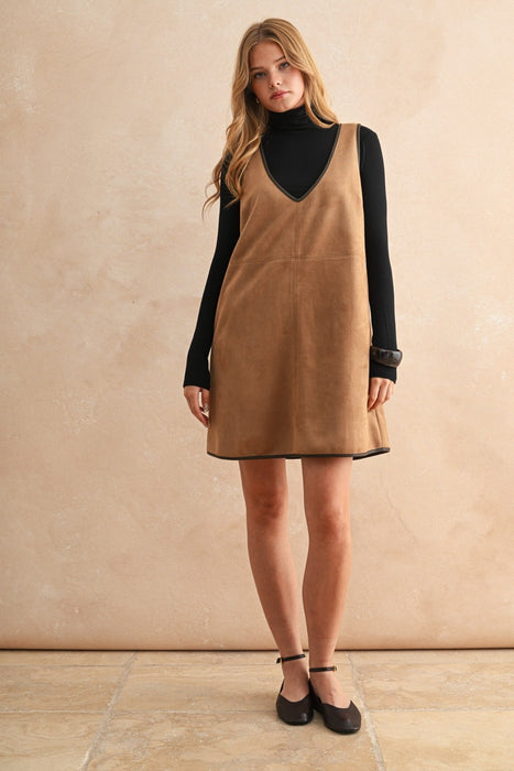 V Neck Suede Dress - Mocha