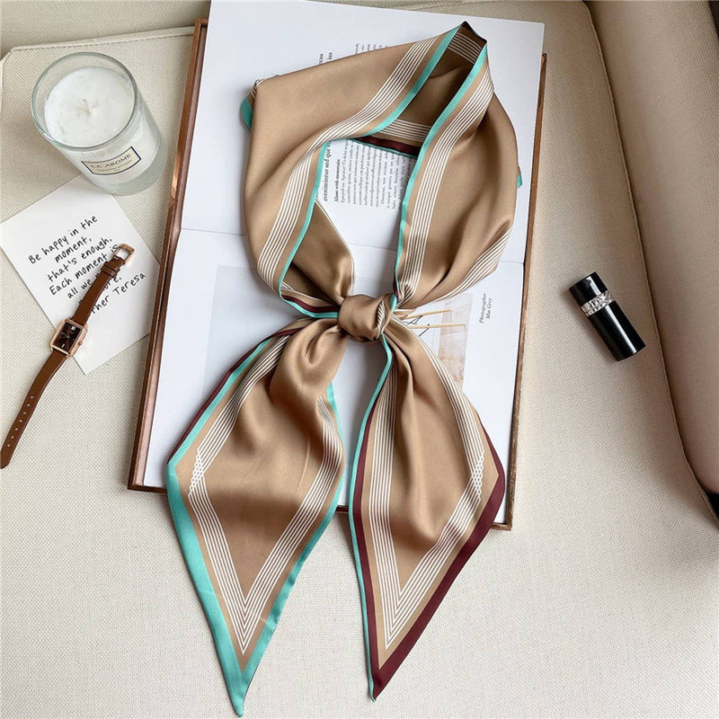 Thin Simple Geometric Long Silk Head Scarf - Dark Coffee